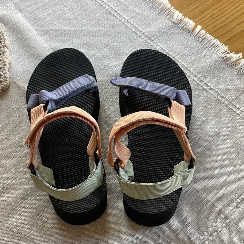 Teva Black Sandals with Peach, Lavender & Sage Straps